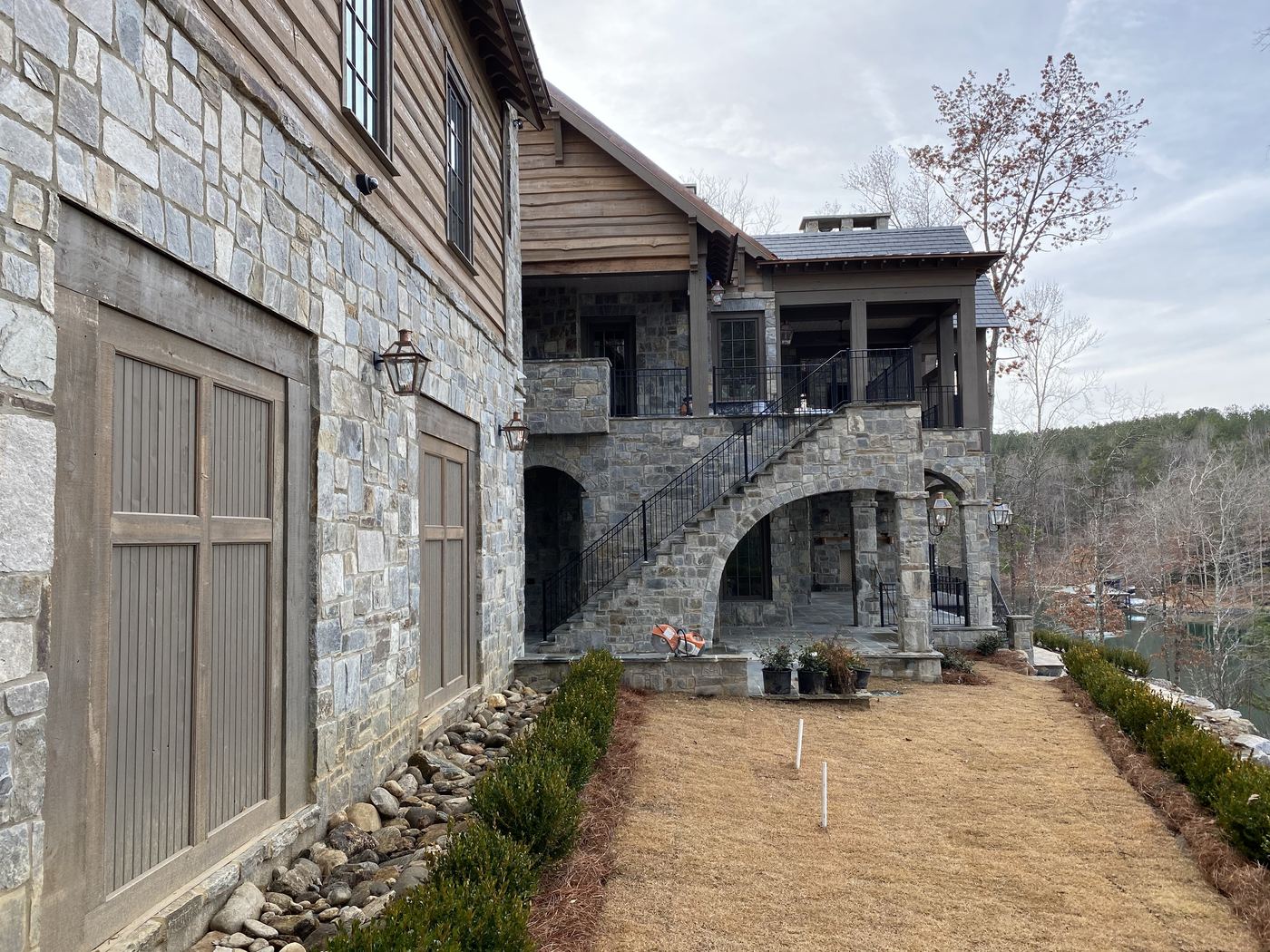Lake house stone arches